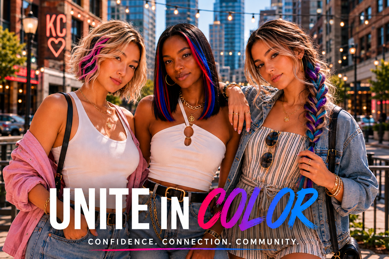 Three women with colorful squad hair extensions standing together in an urban setting with the text 'Unite in Color' displayed.